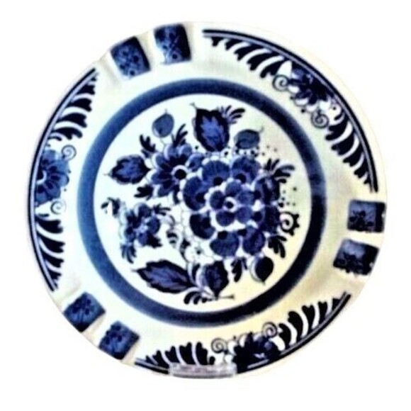 Vintage Delf Blue Distal Floral Ashtray 6" Art Pottery Hand Panted - Picture 1 of 4